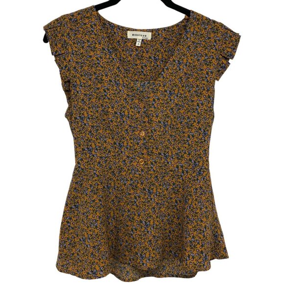 Monteau Mustard blue Floral V-neck Peplum Hem Top size S - Picture 13 of 13